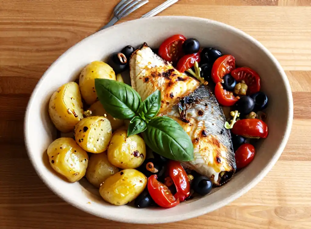 Mediterrane kabeljauwschotel met cherrytomaatjes, olijven en kappertjes