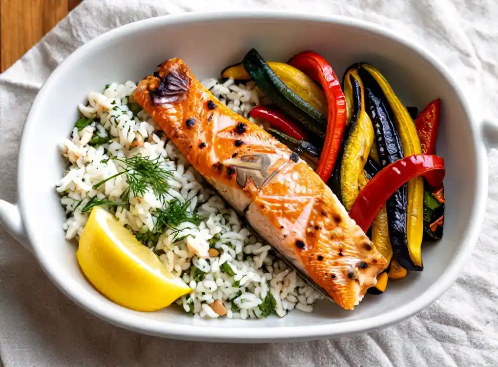 Ovengebakken zalm met gegrilde courgette-paprika en citroen-dillerijst