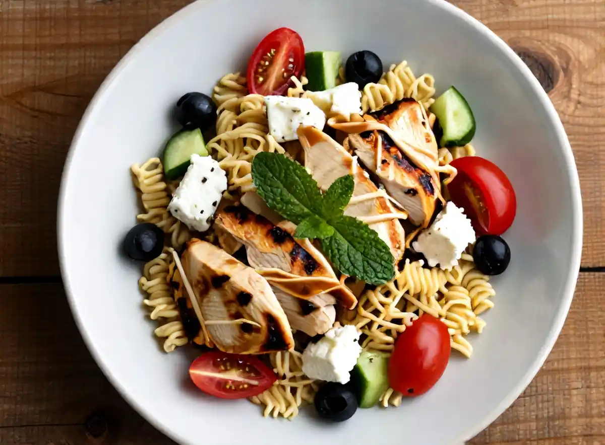 Griekse orzo met gegrilde kip, feta en verse zomergroenten — AI recept