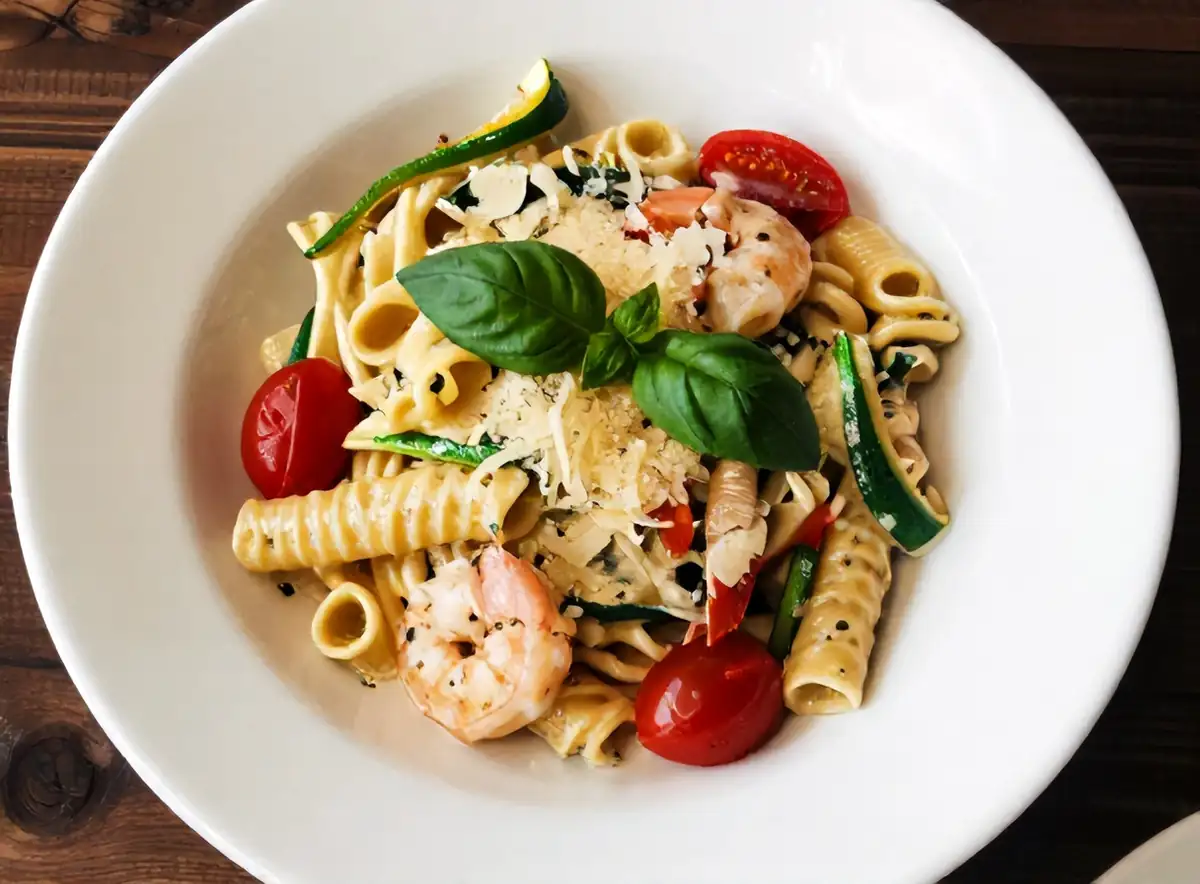 Romige garnalenpasta met courgette en kerstomaatjes