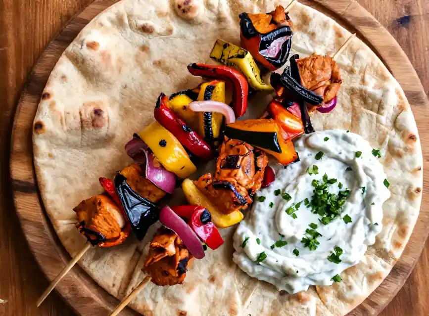 Mediterrane kipspiesjes met gegrilde paprika en tzatziki