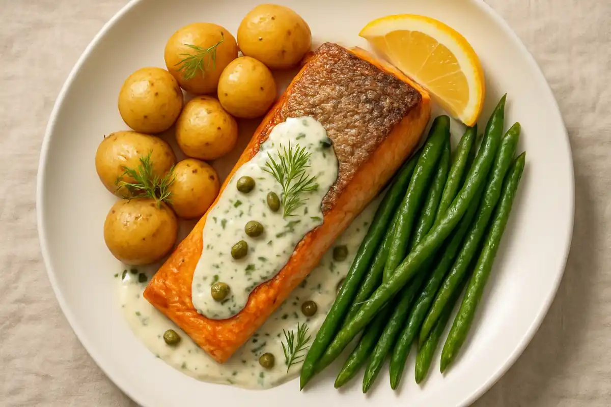 Gebakken zalmfilet met nieuwe aardappelen en dilleroom
