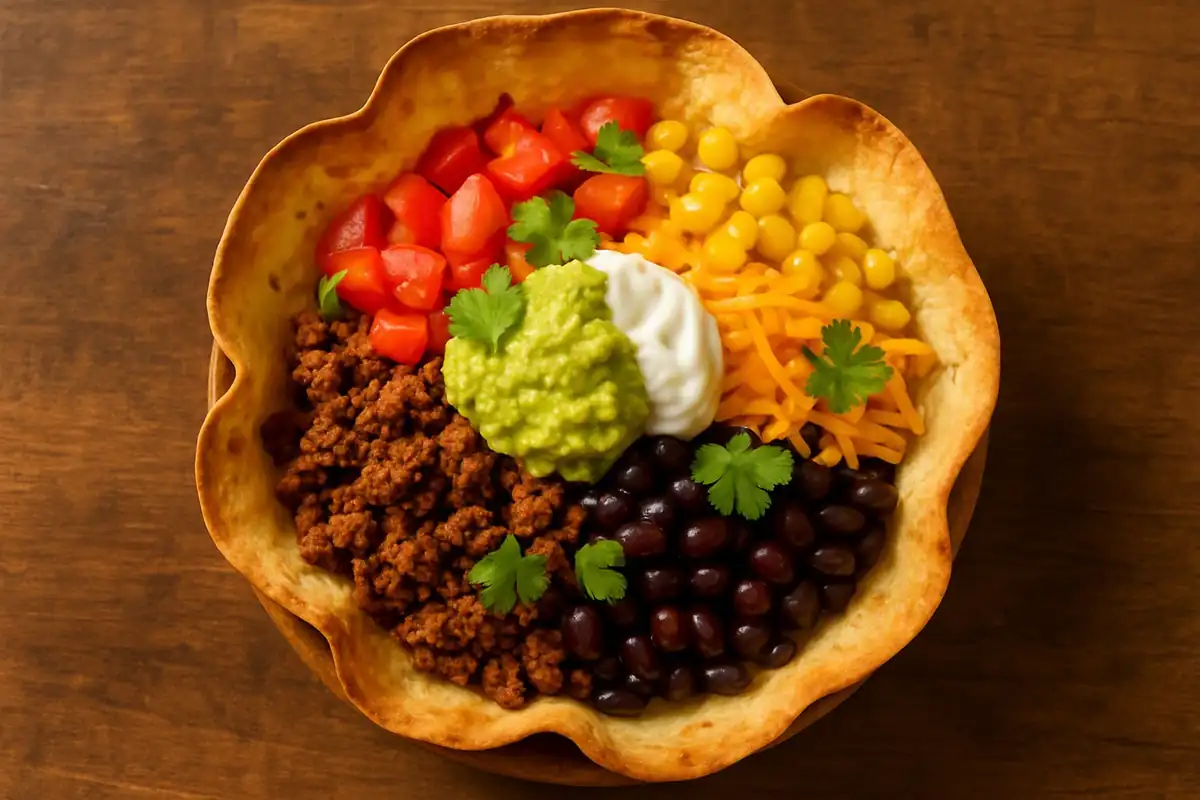 Mexicaanse tortilla bowl met pikant rundergehakt, maïs en avocado