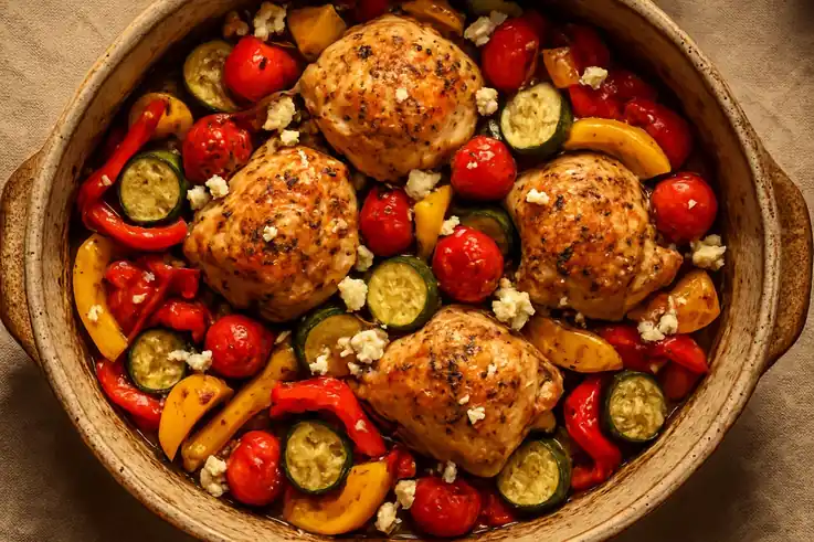 Zomerse Griekse kip-ovenschotel met paprika, courgette en feta