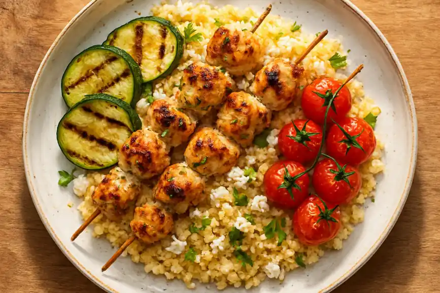 Mediterrane kipspiesjes met gegrilde courgette, kerstomaatjes en citroen-feta couscous