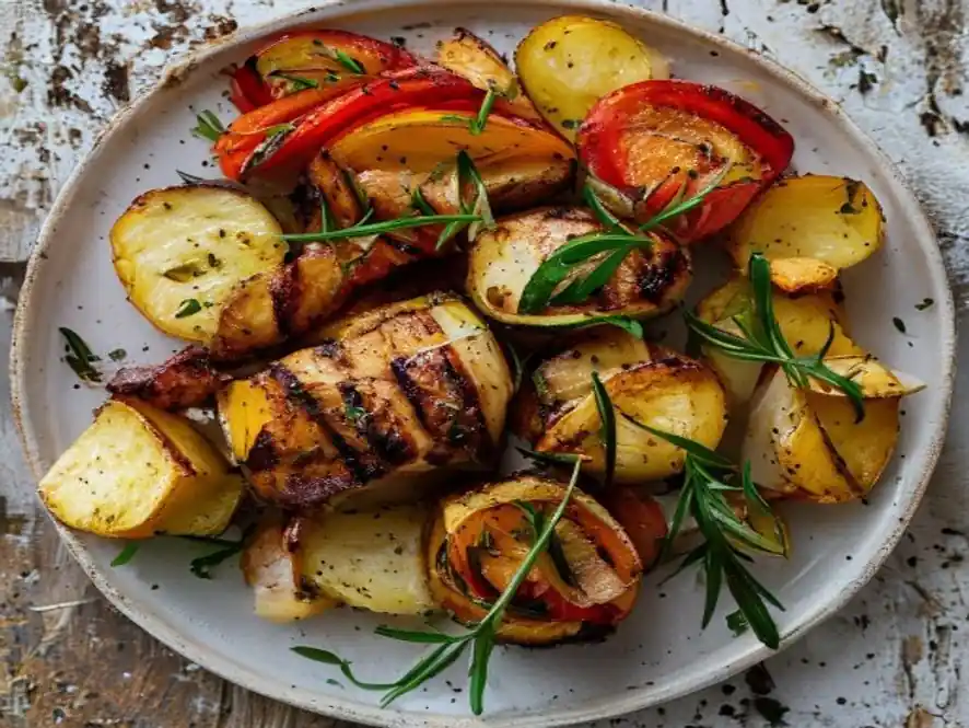 Zomerse gegrilde kip met paprika, courgette en rozemarijn-aardappelwiggen