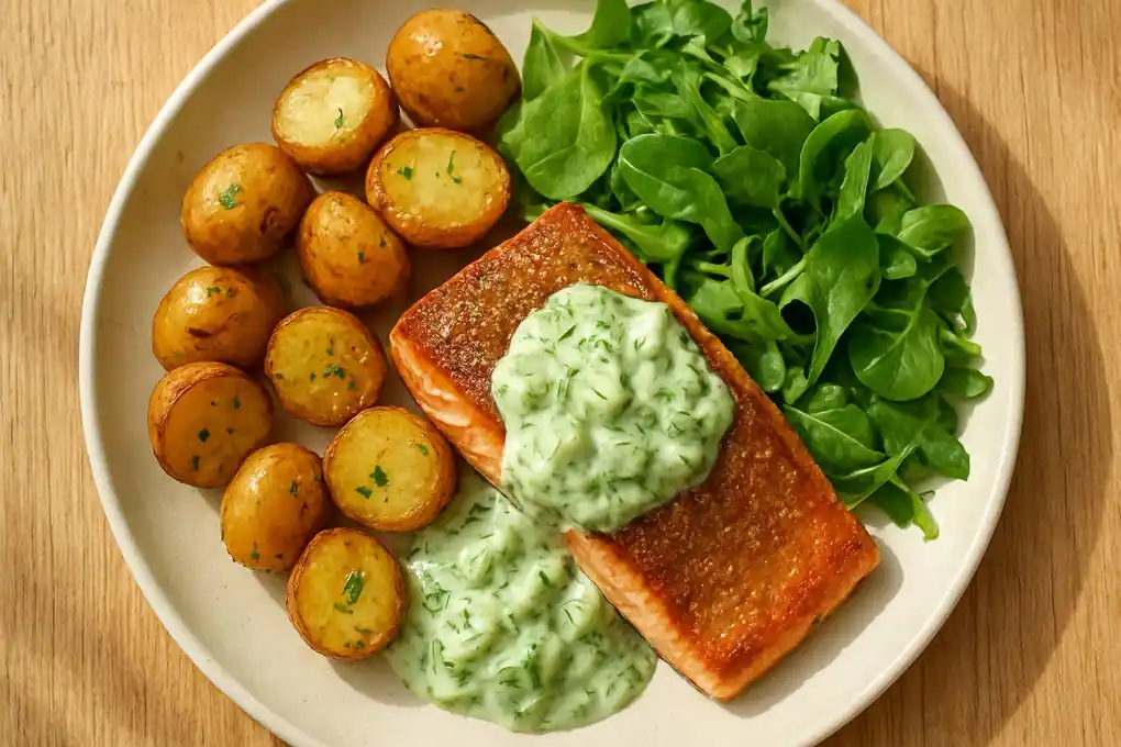 Gebakken zalmfilet met komkommer-dillesalade en pittige krieltjes