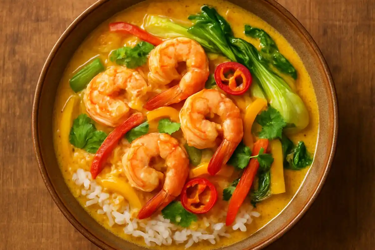 Snelle Thaise garnalencurry met kokosmelk, paksoi en jasmijnrijst