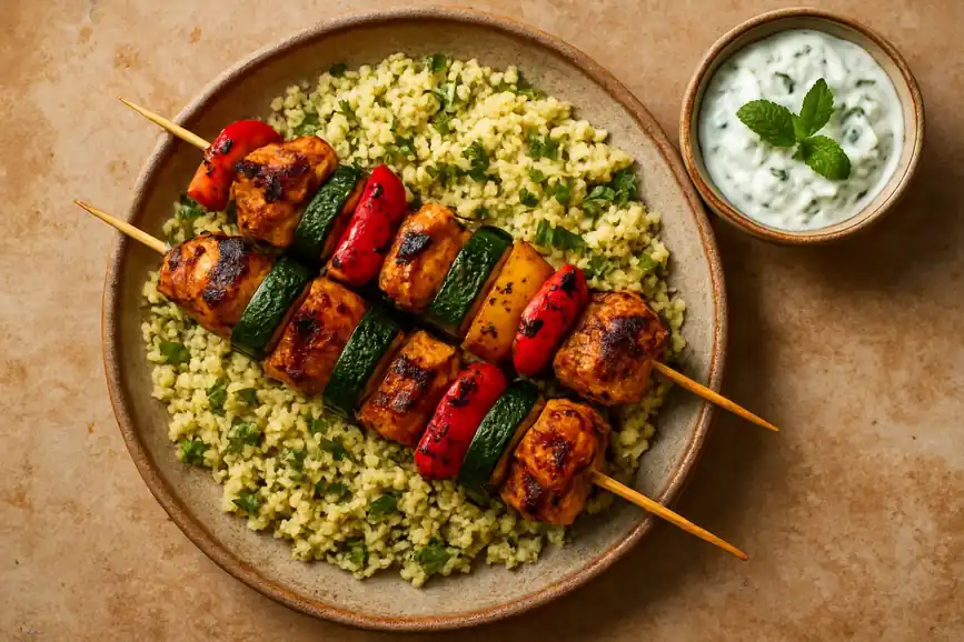 Gegrilde kipspiesjes met paprika en courgette en een frisse tzatziki