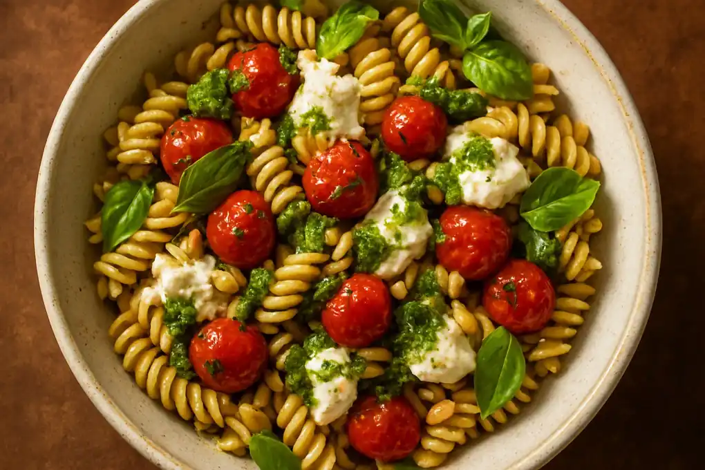 Pasta pesto met geroosterde kerstomaten, mozzarella en verse basilicum