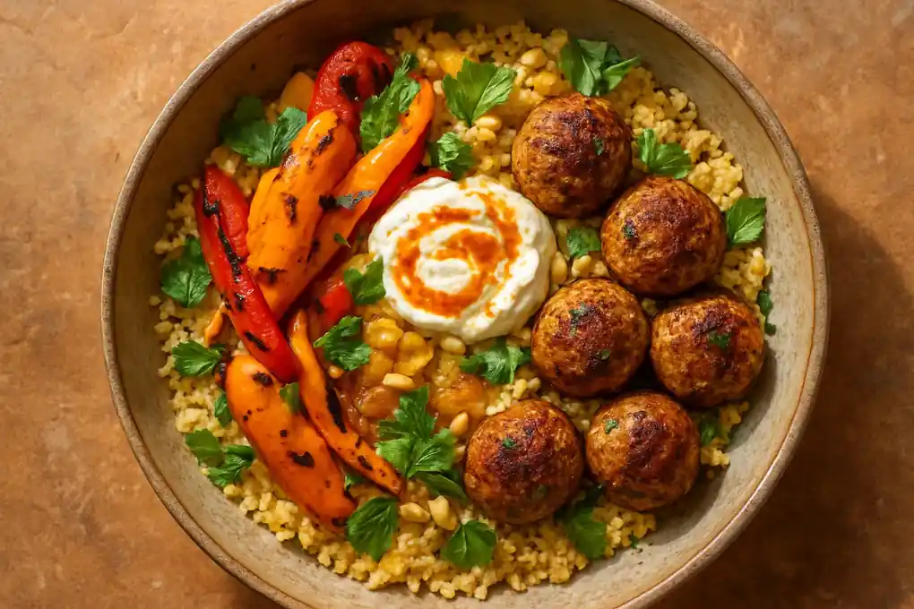 Marokkaanse couscous met gekruide gehaktballetjes, gegrilde paprika en harissayoghurt