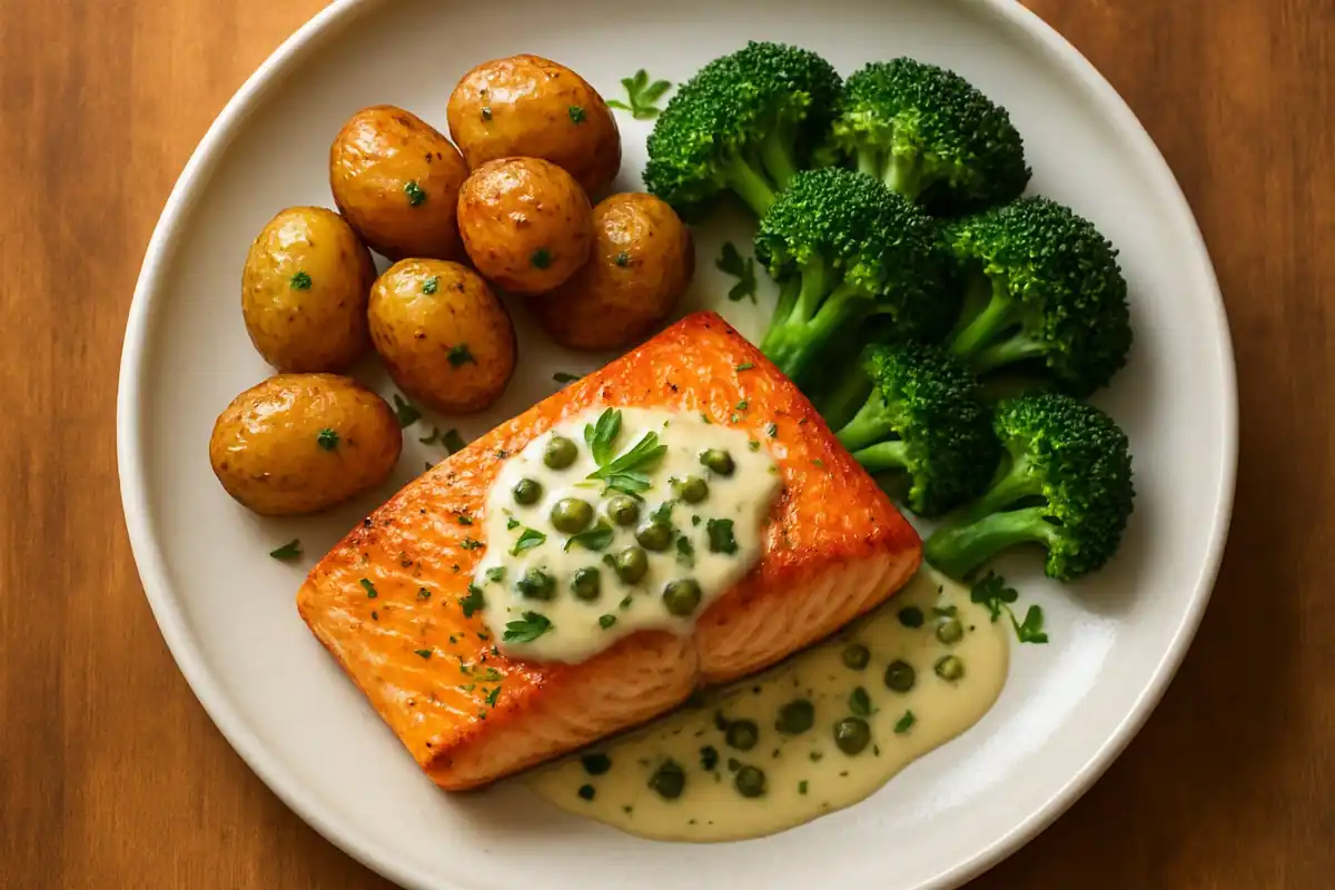 Zomerse zalmfilet met krokante krieltjes, broccoli en citroen-kappertjessaus