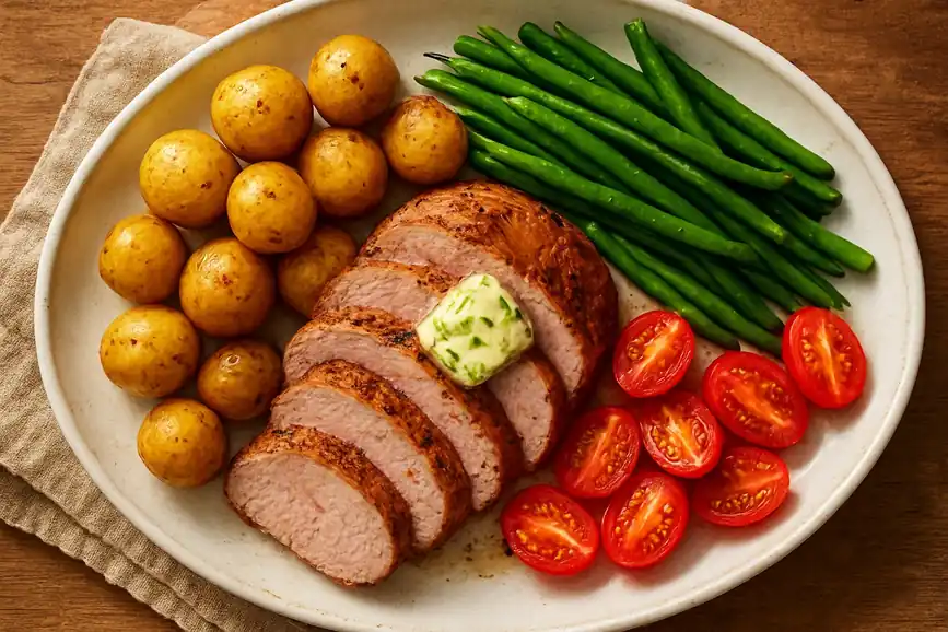 Geroosterde varkensfilet met nieuwe aardappelen, sperziebonen en kruidenboter