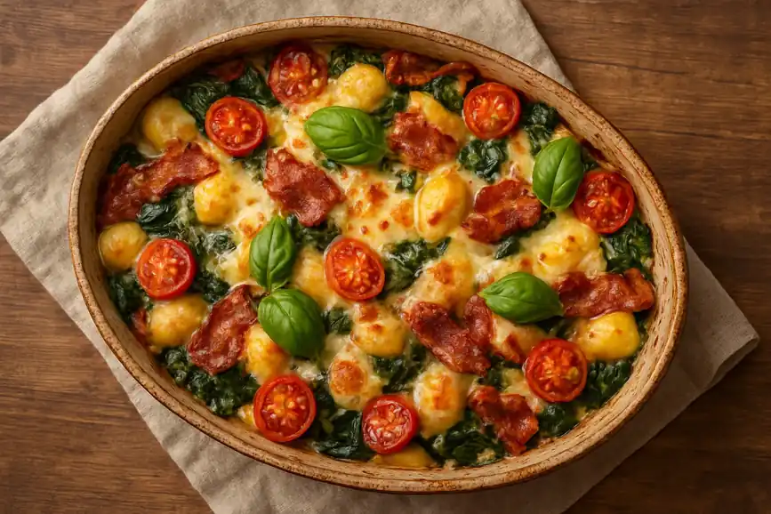 Ovenschotel van verse gnocchi met spinazie, snoeptomaatjes, spekreepjes en gesmolten mozzarella