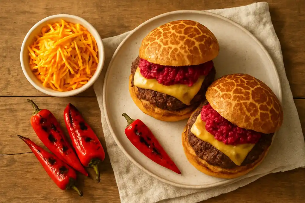 Hollandse runderburgers op tijgerbol met Beemster, bietenrelish en gegrilde puntpaprika