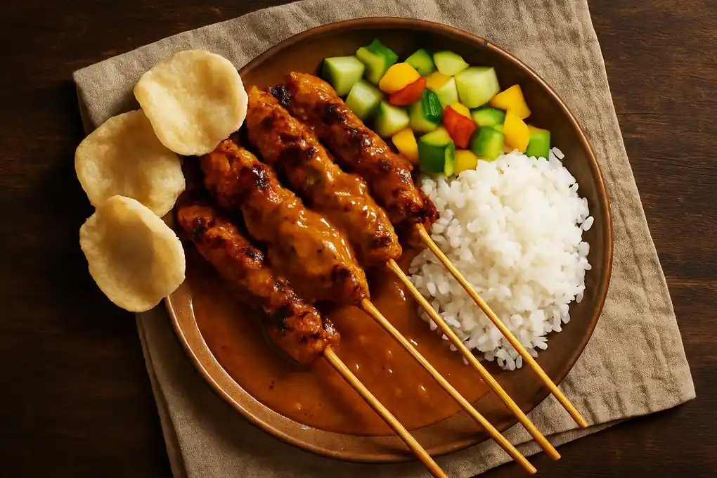 Varkenshaassaté met pindasaus, komkommer-mango-atjar en kroepoek