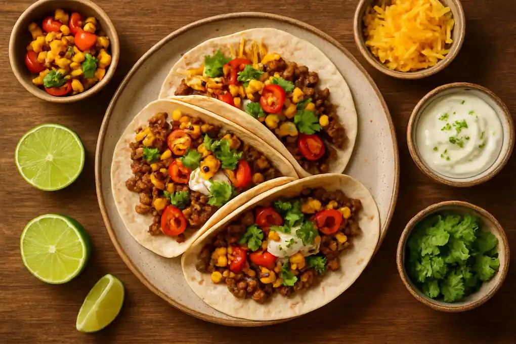 Mexicaanse taco-avond met gekruid rundergehakt, gegrilde maïssalsa en limoenyoghurt