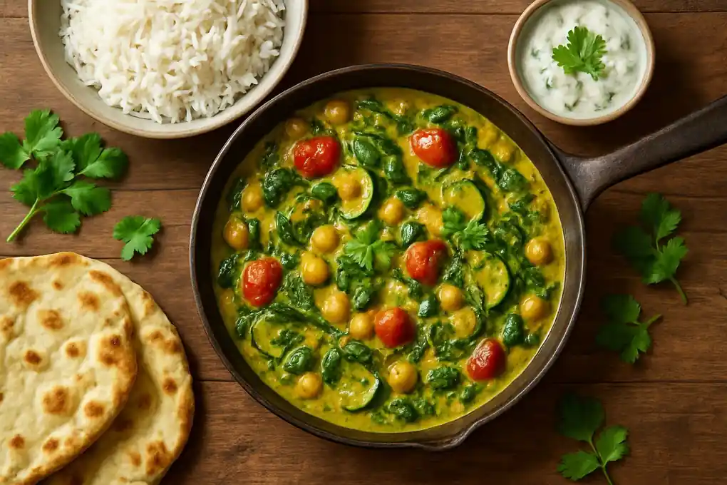 Romige spinazie-kikkererwtencurry met courgette en frisse komkommerraita