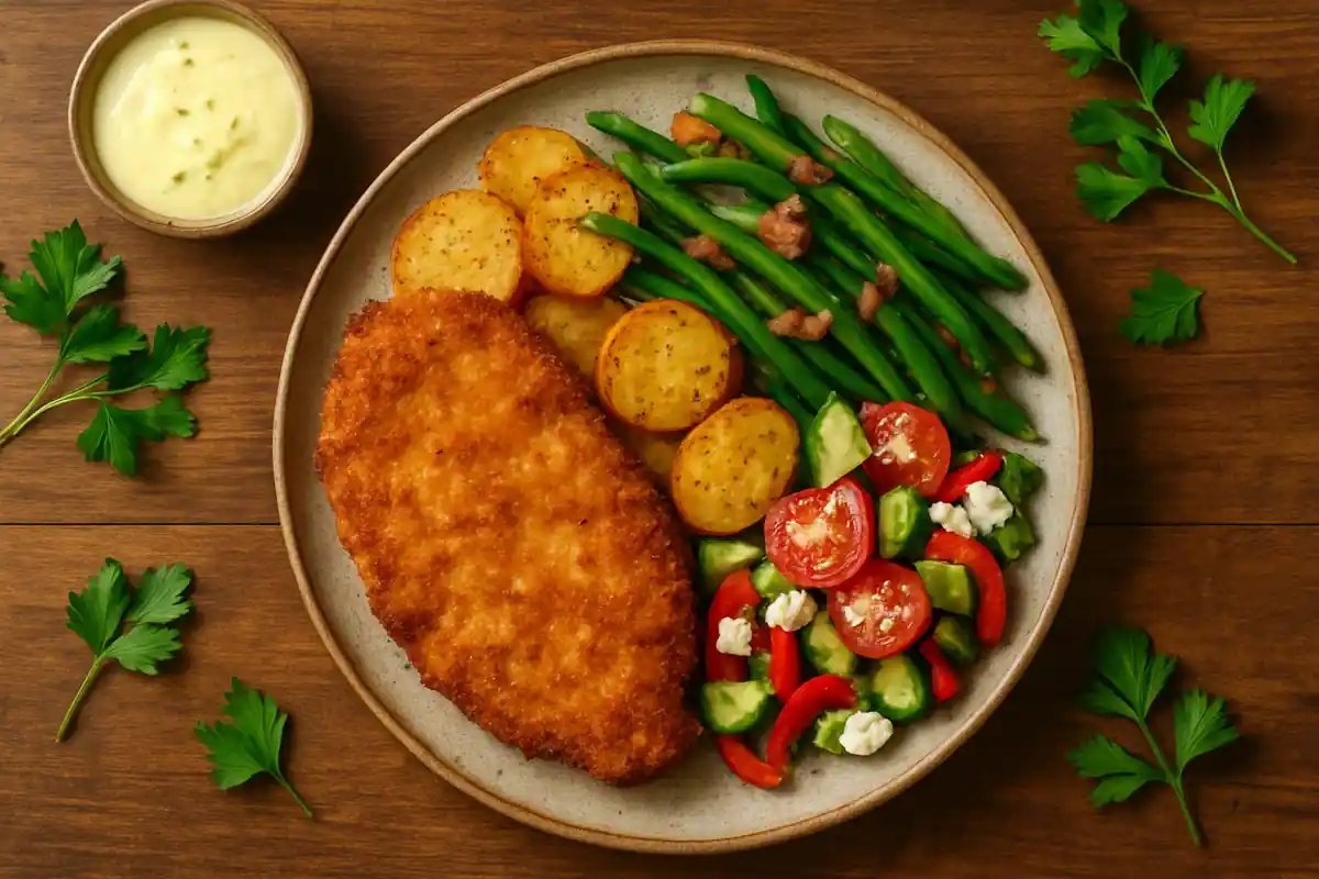 Krokante kipschnitzel uit de oven met aardappelschijfjes, sperziebonen met spekreepjes en frisse snoepgroentesalade met feta