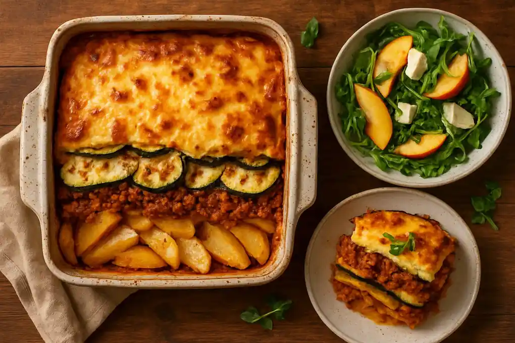 Zomerse courgette-moussaka met gemengd gehakt, aardappelpartjes en kaaskorst