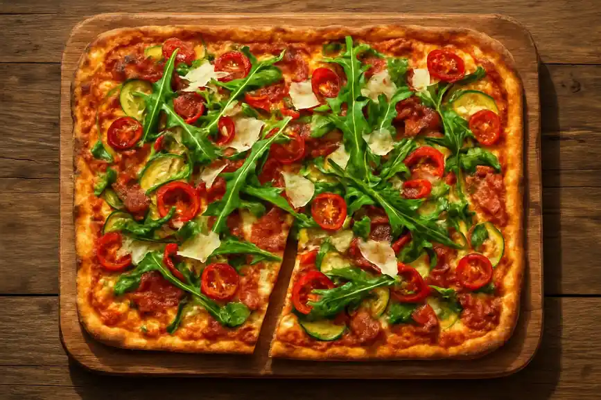 Plaatpizza met spekreepjes, courgettelinten en snoeptomaatjes, afgemaakt met pesto en rucola