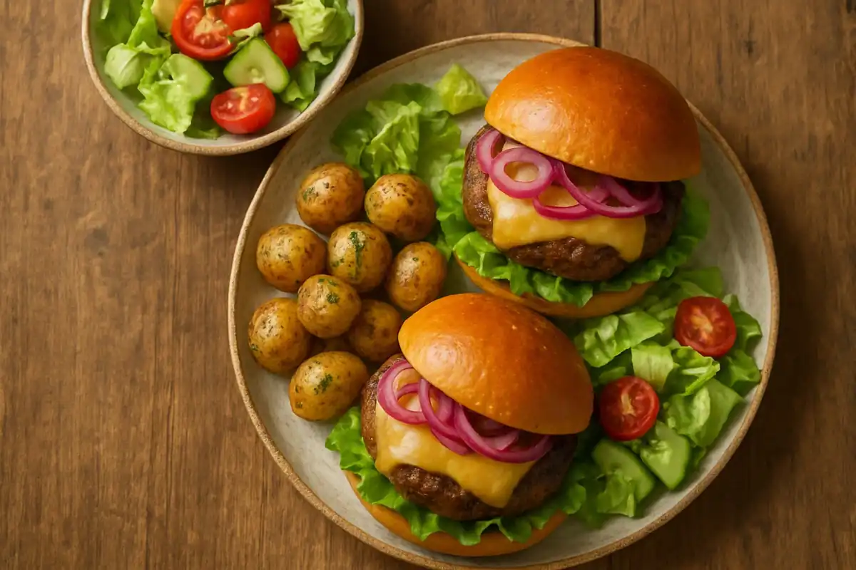 Zomerse beefburgers met gesmolten oude Goudse, krokante kruidenboterkrieltjes en frisse ijsbergsalade