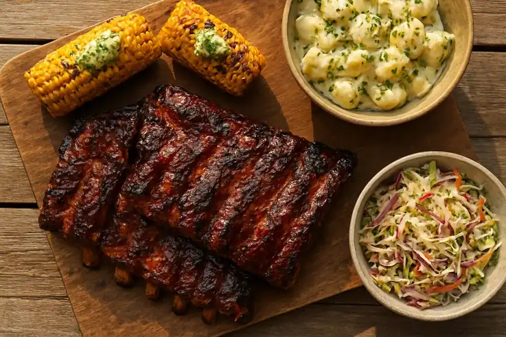 Plakkerige oven-spareribs met gegrilde maïskolven, lauwwarme aardappelsalade en frisse rauwkost