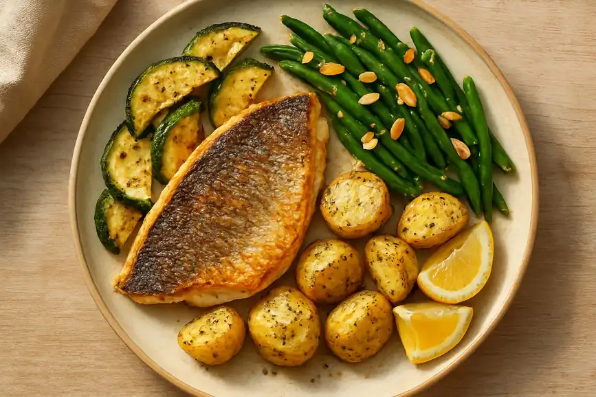 Doradefilet met krokante huid, geroosterde courgette en sperziebonen en aardappelen met citroen-olijfolie