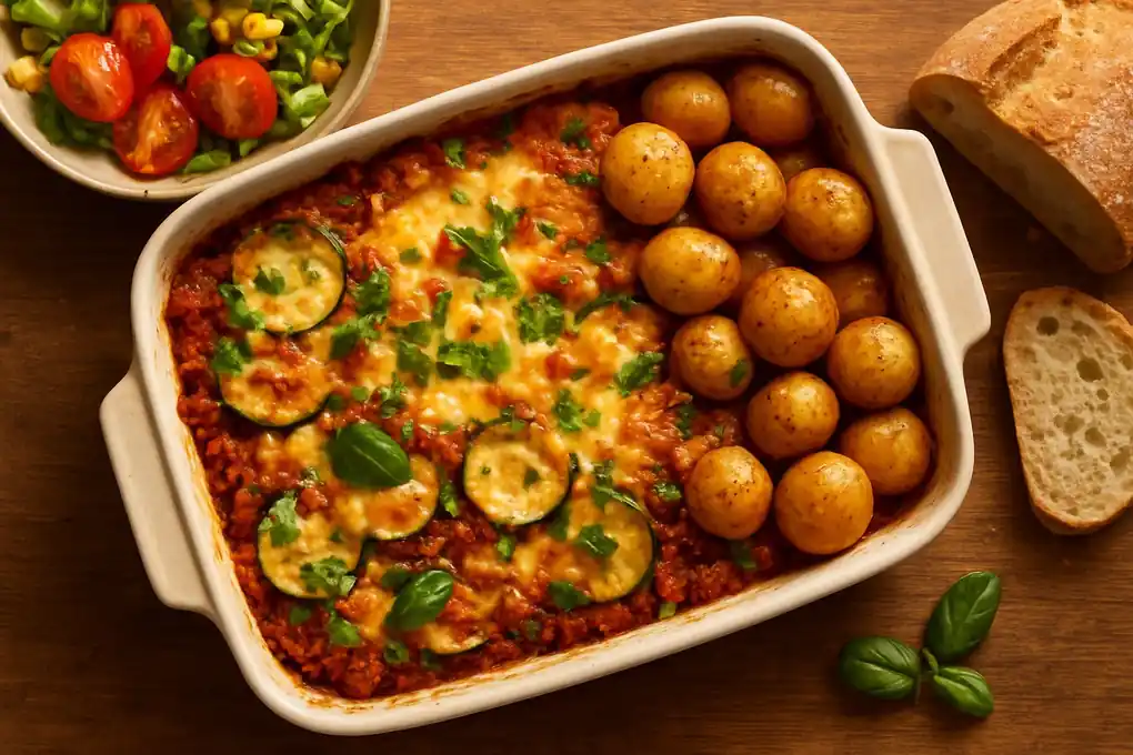 Zomerse ovenschotel met gehakt, courgette en krieltjes onder gesmolten mozzarella