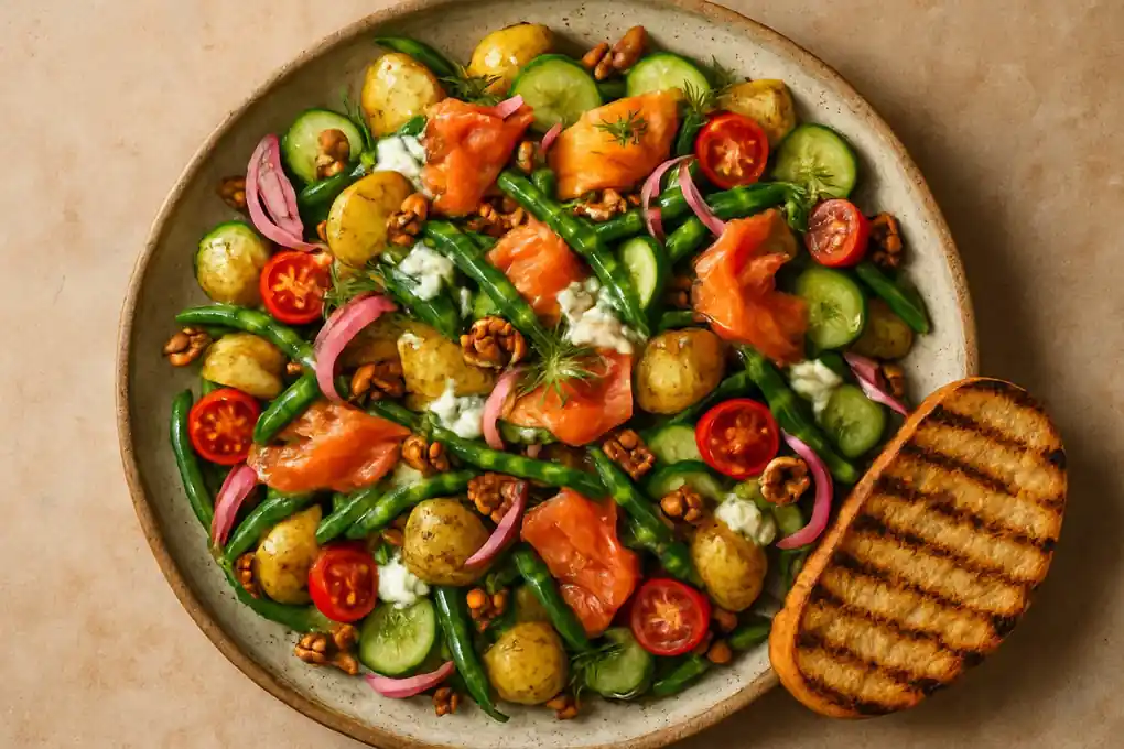 Lauwwarme aardappelsalade met gerookte zalm, sperziebonen en mierikswortel-yoghurtdressing