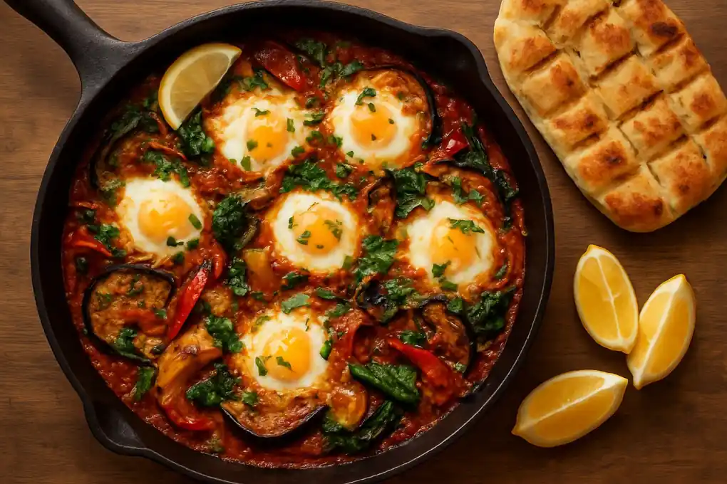 Zomerse groentepan met aubergine, paprika en spinazie, gepocheerde eieren en gegrilde mozzarella-focaccia