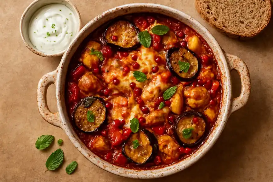 Mediterrane ovenschotel met kip, aubergine en paprika onder een kaaskorst