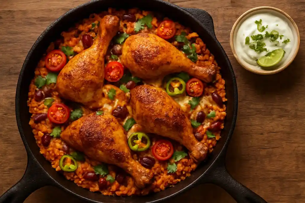 Mexicaanse rijstpan met knapperige kippenpoten, zwarte bonen en Tex-Mex kaas