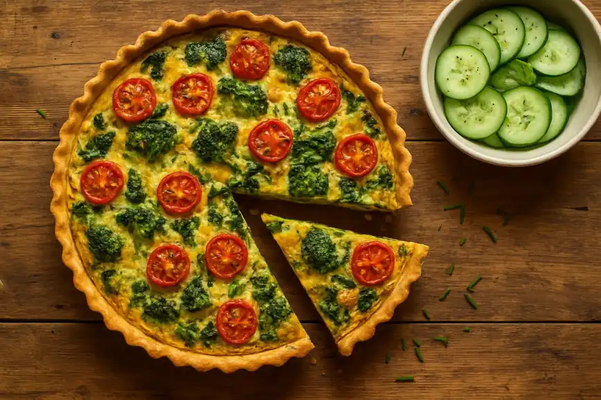 Hartige broccolitaart met oude Goudse en zoete tomaatjes, met frisse komkommersalade