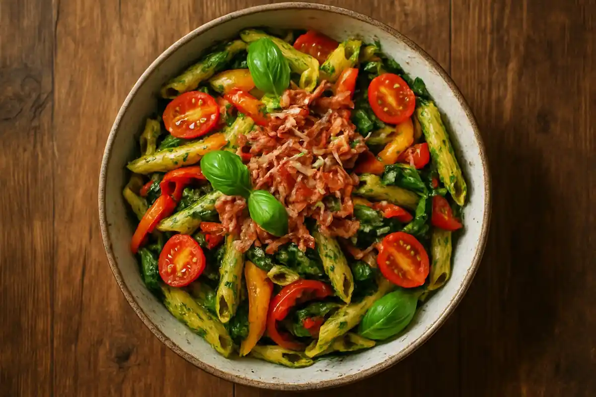 Snelle zomerpasta met geroosterde paprika, snoeptomaatjes, spinazie en krokante gerookte achterham