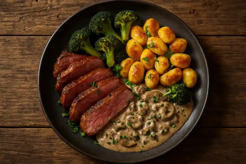Biefstuk met krokant gebakken gnocchi, geroosterde broccoli en romige champignon-pepersaus