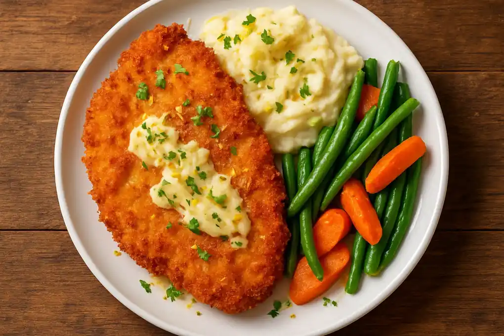 Krokante kipschnitzel met romige aardappelpuree, boterzachte sperziebonen en worteltjes
