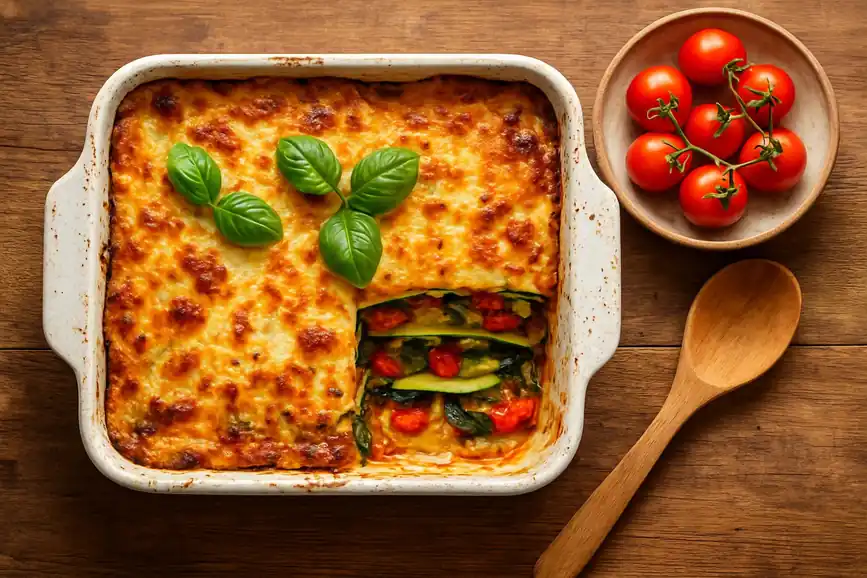Zomerse groentelasagne met courgette, paprika en spinazie onder een dubbele kaaskorst