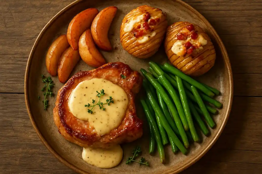 Ribkarbonade met mosterd-roomsaus, hasselback-aardappels met spek en brie, sperziebonen en warme kaneelappeltjes