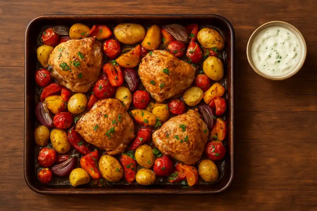 Zomerse kipdij-traybake met krieltjes, paprika en snoeptomaatjes, frisse knoflook-yoghurtsaus en Hollandse aardbeien toe
