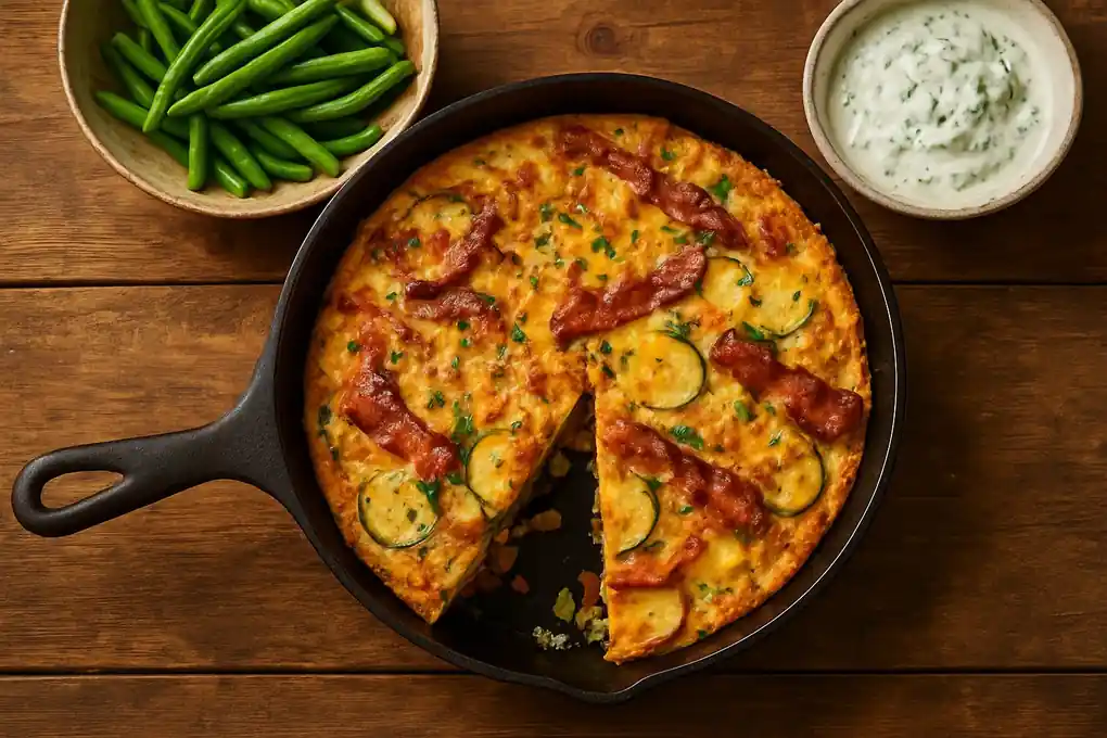 Hollandse boerenomelet uit de oven met aardappel, spekreepjes, courgette en oude kaas, met sperziebonensalade en skyr-bieslookdip