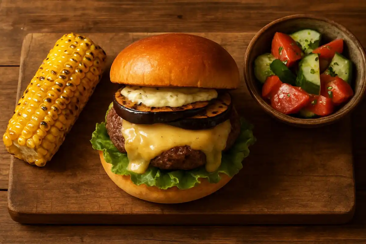 Hollandse burgeravond: runderburgers met gesmolten oude Goudse, gegrilde aubergine en maiskolf met knoflook-kruidenboter