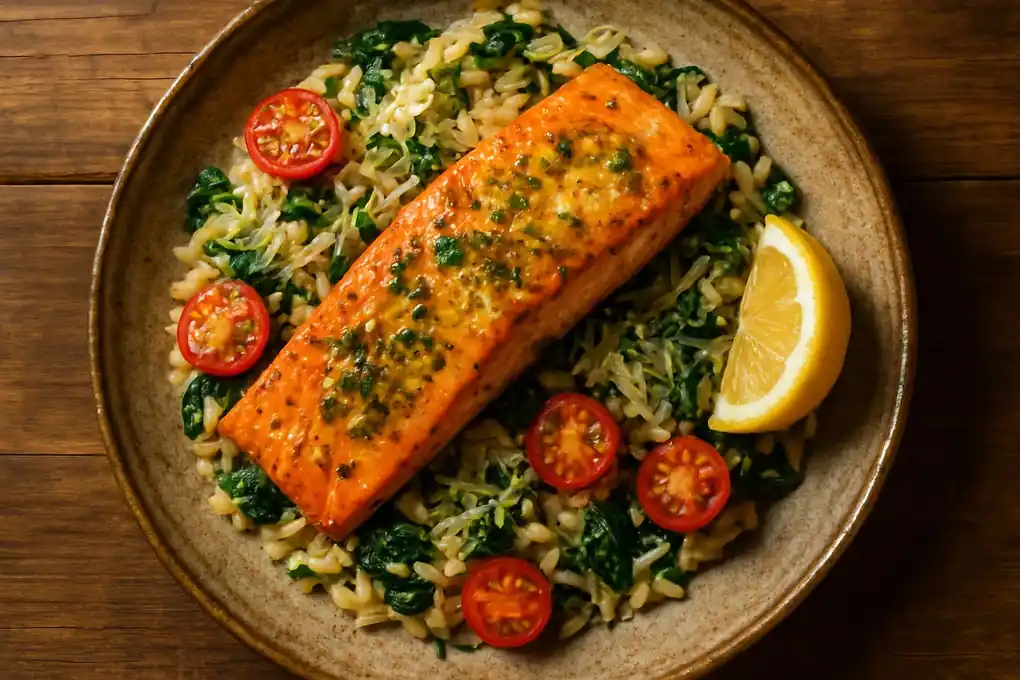 Ovenzalm met knoflook-kruidenboter op romige orzo met spinazie, snoeptomaatjes en citroen