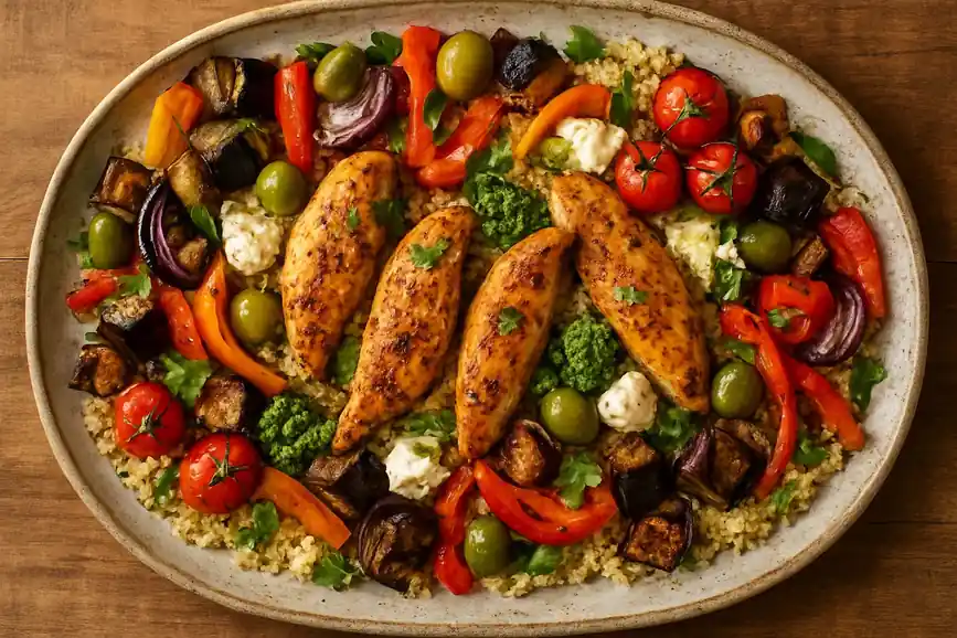 Mediterrane traybake met kipfilethaasjes, aubergine en snoeppaprika op citroencouscous met pesto-yoghurt