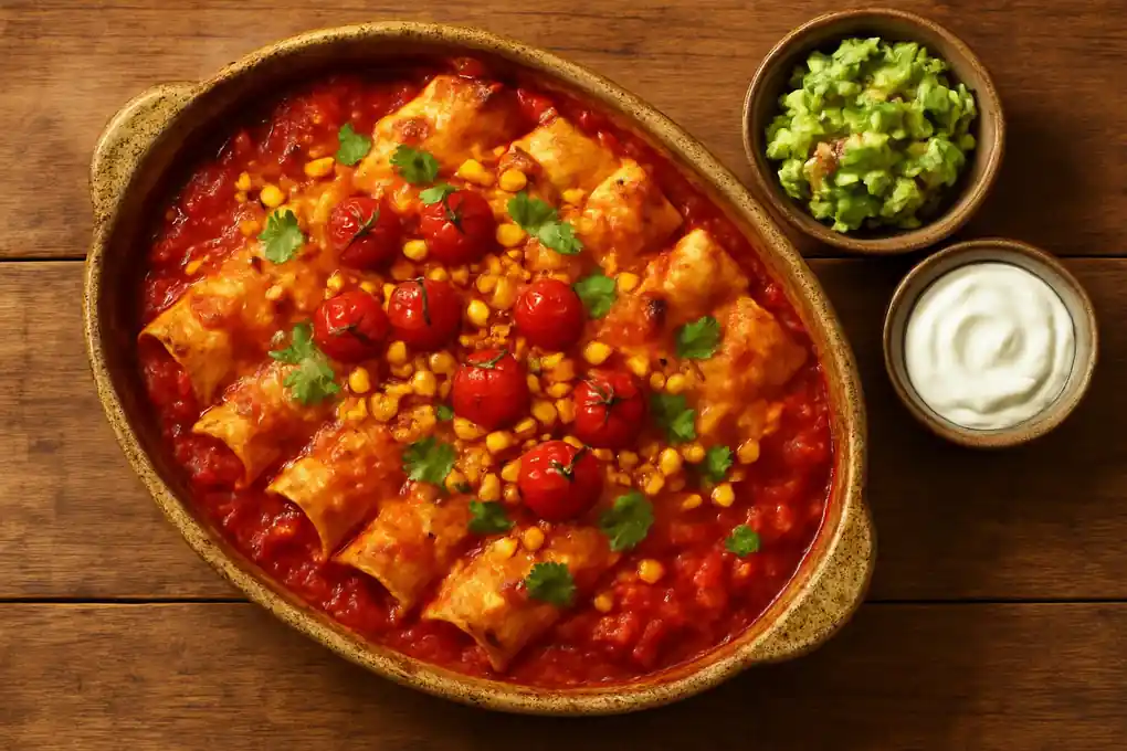 Mexicaanse enchilada-ovenschotel met rundergehakt, geroosterde maiskorrels en snoeppaprika, met avocado-limoensalsa