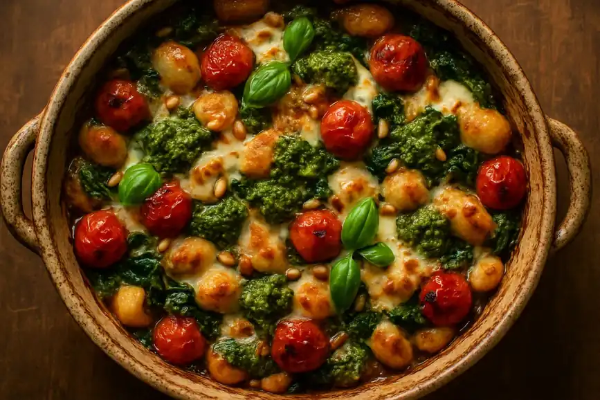 Gnocchi-ovenschotel met mozzarella, geblakerde snoeptomaatjes, spinazie en groene pesto