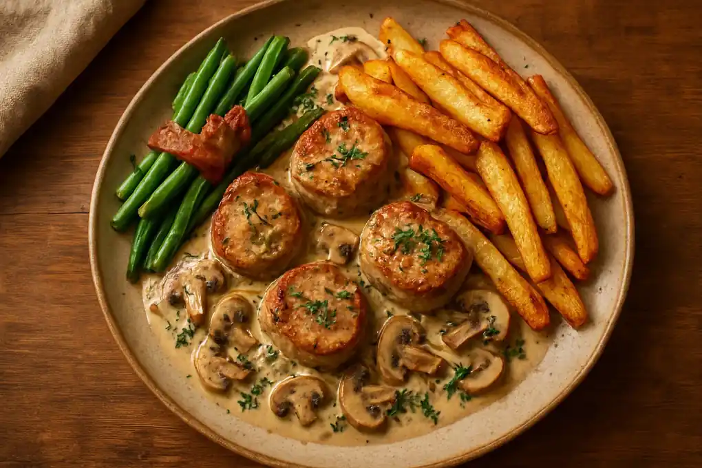 Varkenshaasmedaillons in romige Boursin-saus met speksperziebonen en krokante ovenfriet