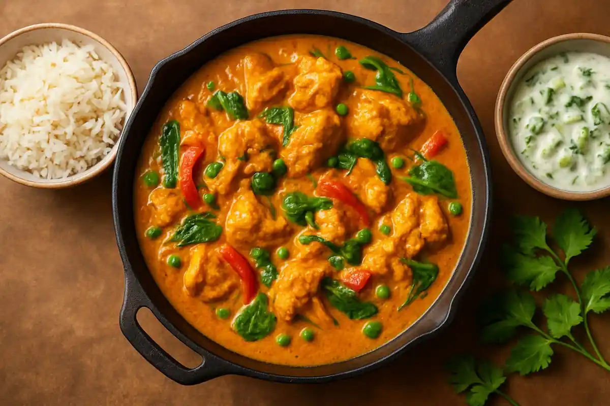 Indiase kip-tikkacurry met bloemkool, spinazie en puntpaprika, met basmatirijst en komkommerraita