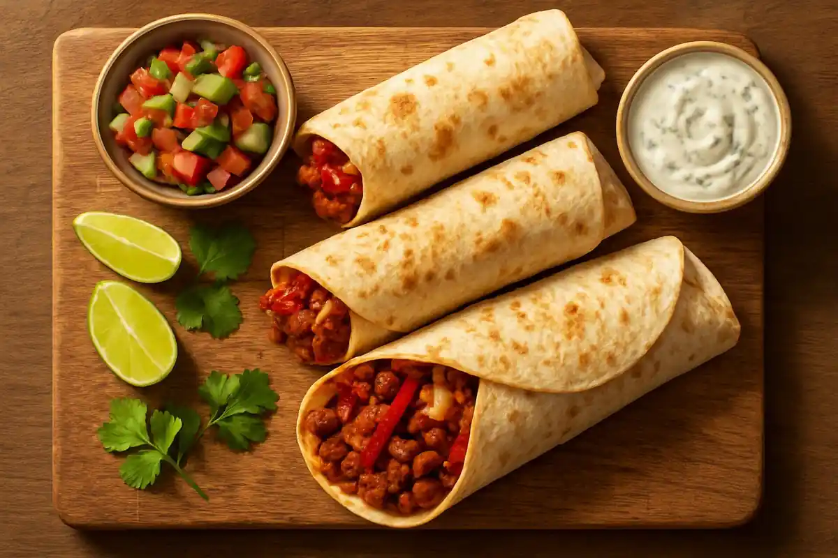 Mexicaanse wraps met pittige bonen-gehaktvulling, frisse tomatensalsa en knoflook-kruidendip