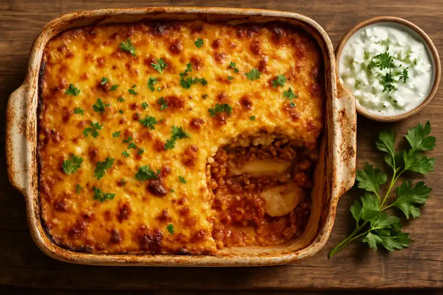 Griekse gehaktschotel uit de oven met aardappel, snoepgroente en gegratineerde kaas